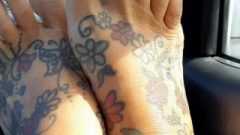 Dark & Light Pink Long Toenails On Tatted Titillating Feet On Car Dash Take A Ca