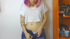 Tatted Young Pees Her Pants And Panties On Web-cam And Masturbates Till Sperm