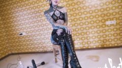 Kink Leather Overknee High Heels Enormous Vibrator Twat Anal Splurt Orgasm Tattoo